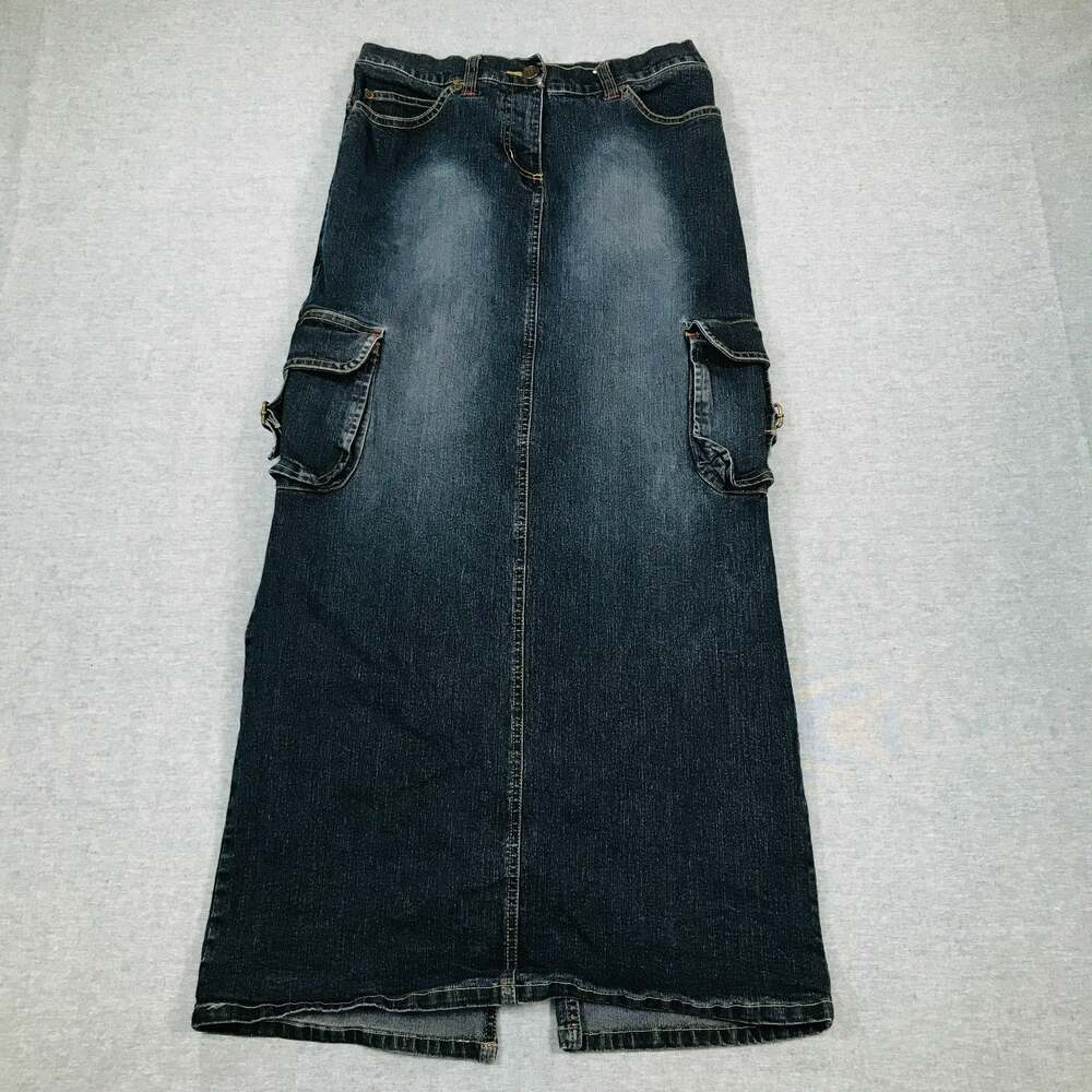 Y2K Yada Yada 5 Denim Cargo Maxi Skirt Dark Wash Utility Grunge Steampunk BT1